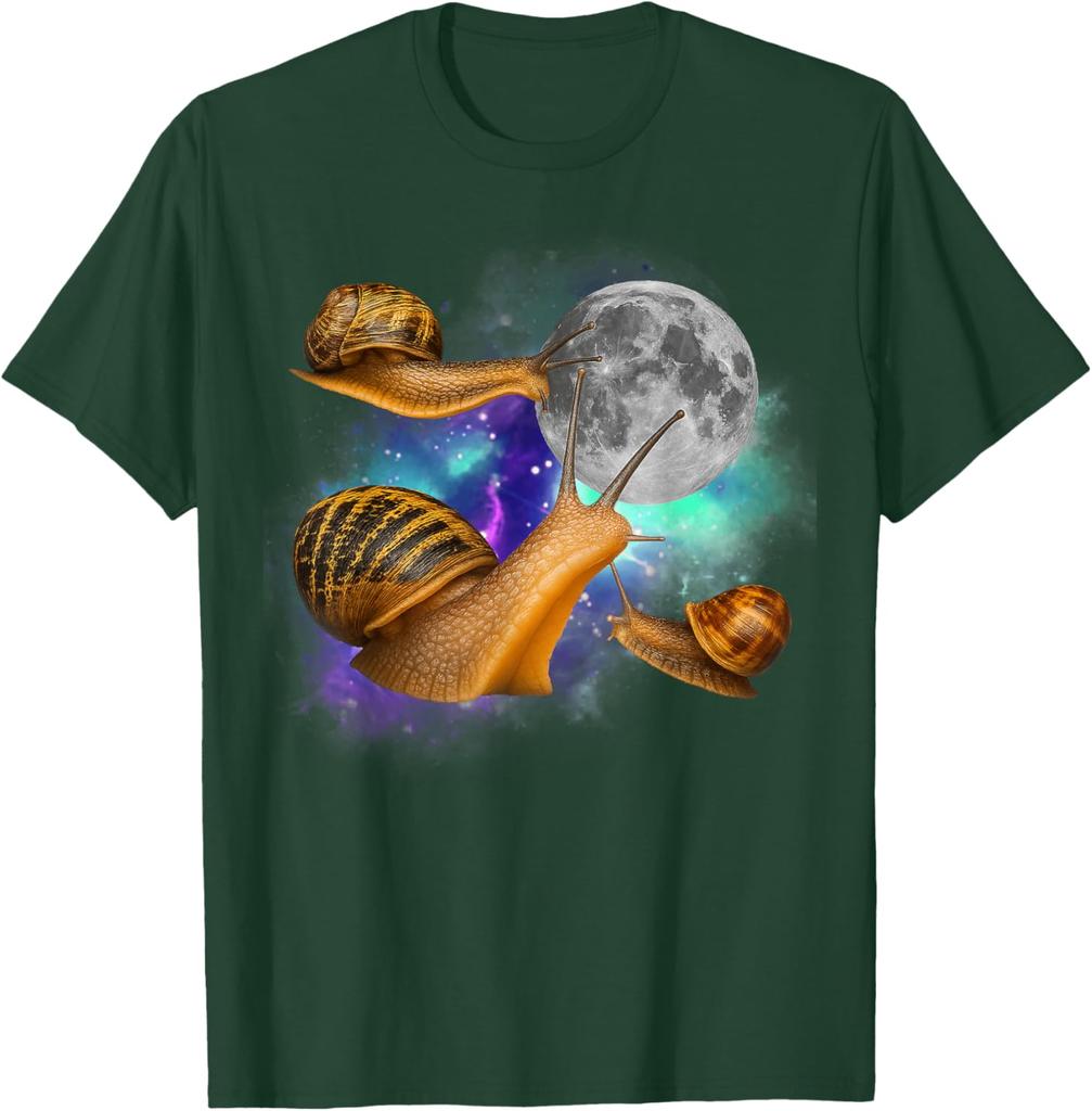 Three Snails Moon Galaxy Graphic Tee Funny Weird Mollusks Print Casual Short Sleeve T-Shirt For Men