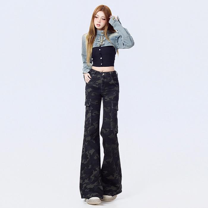 American gray camouflage overalls women's new elastic high-waisted narrow version thin and slightly pulled pants camouflage trousers