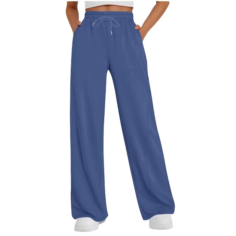 Women's Casual Wide Leg High Waist Pants Including Elastic Drawstring And Side Pockets For Lounging And Daily Activity