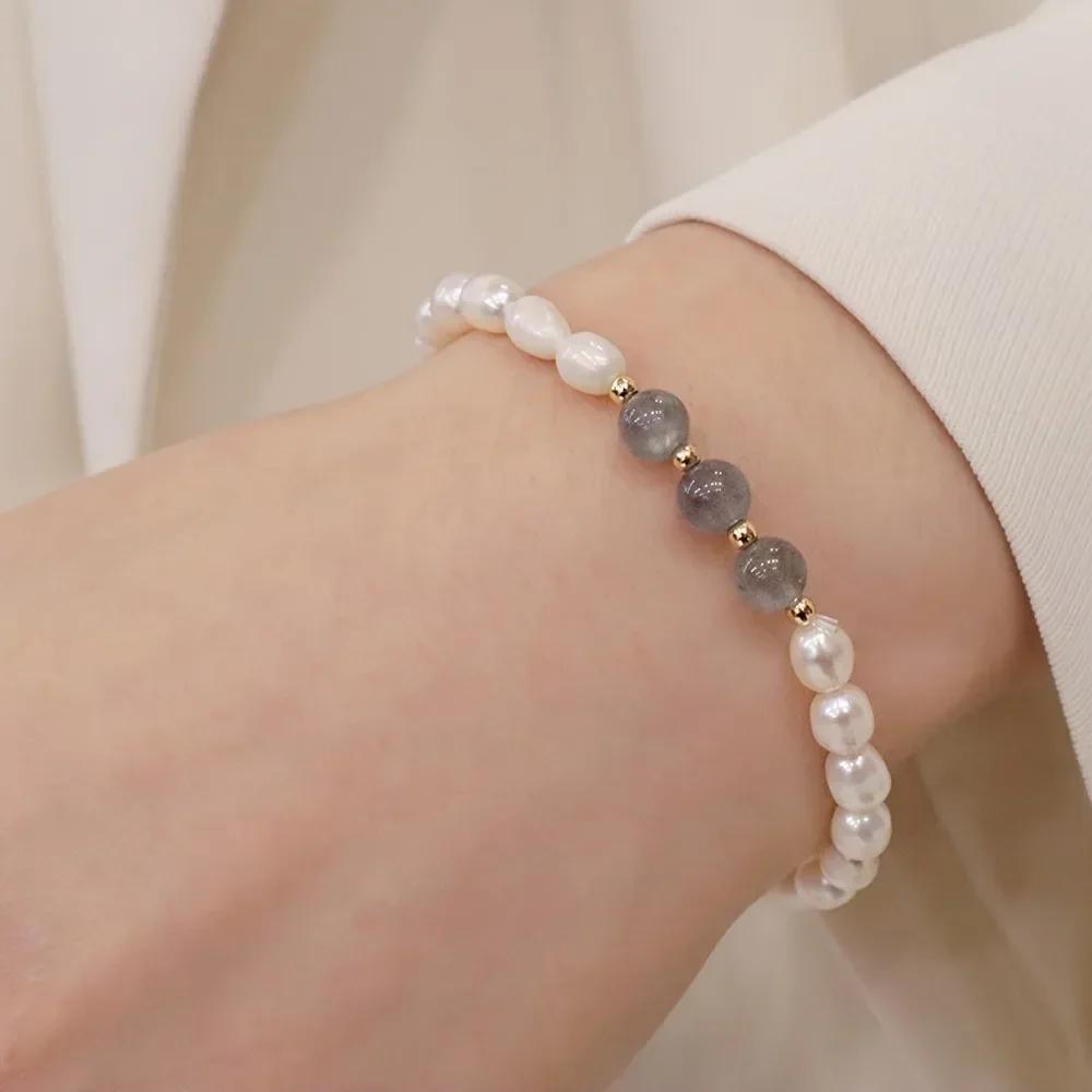 HENGSHENG 6-7mm Rice Shape Freshwater Pearl Bracelet for Women 19.5cm Elastic Rope Moonstone Crystal Bracelet Jewelry Gifts