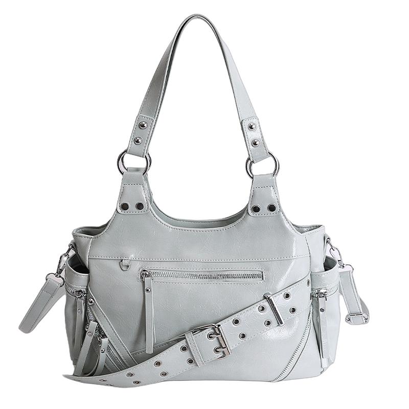 Spring Multi Zipper Large Capacity Shoulder Bag for Women 2026 Simple Motorcycle Style Underarm Bag Rivet Retro Commuter Bag