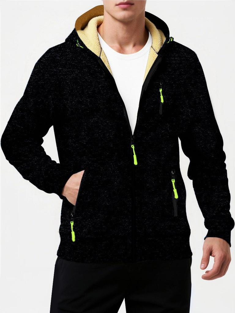 Herbst Neue Herren Freizeit Fleecegefüttert Kapuzen-Reißverschlussjacke Einfarbig Warm Sportbekleidung Herrenmode Oberbekleidung
