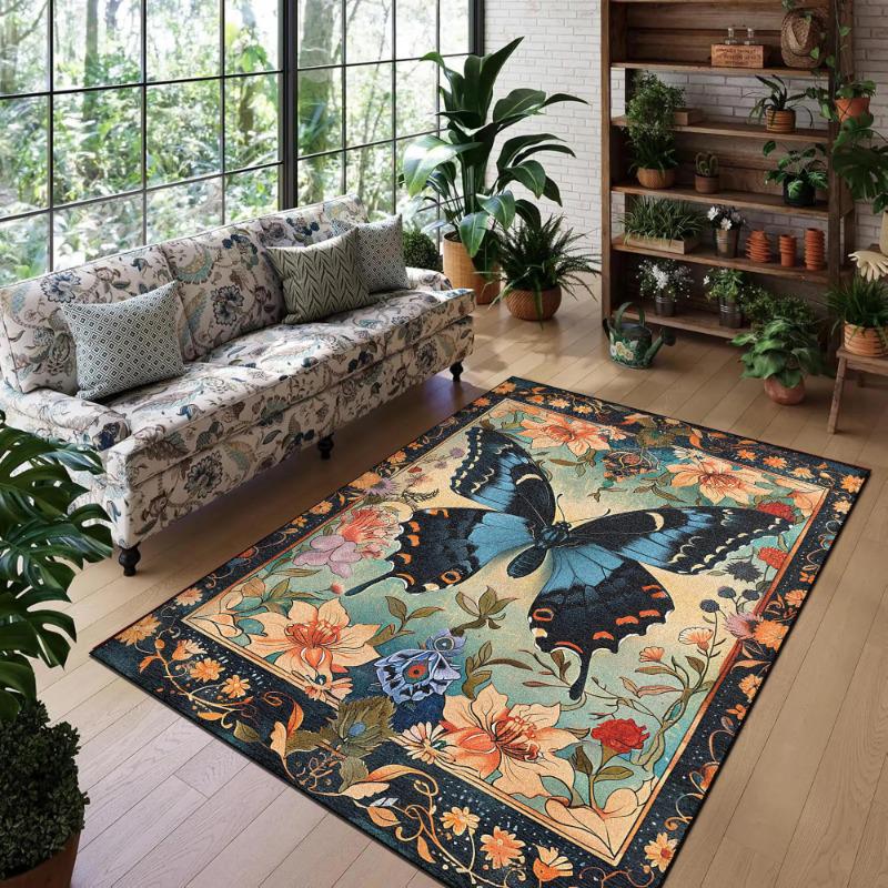 Butterfly Flower Stain-resistant Wear-resistant Door Mat and Living Room Sofa Carpet, Easy to Clean, Large Size.
