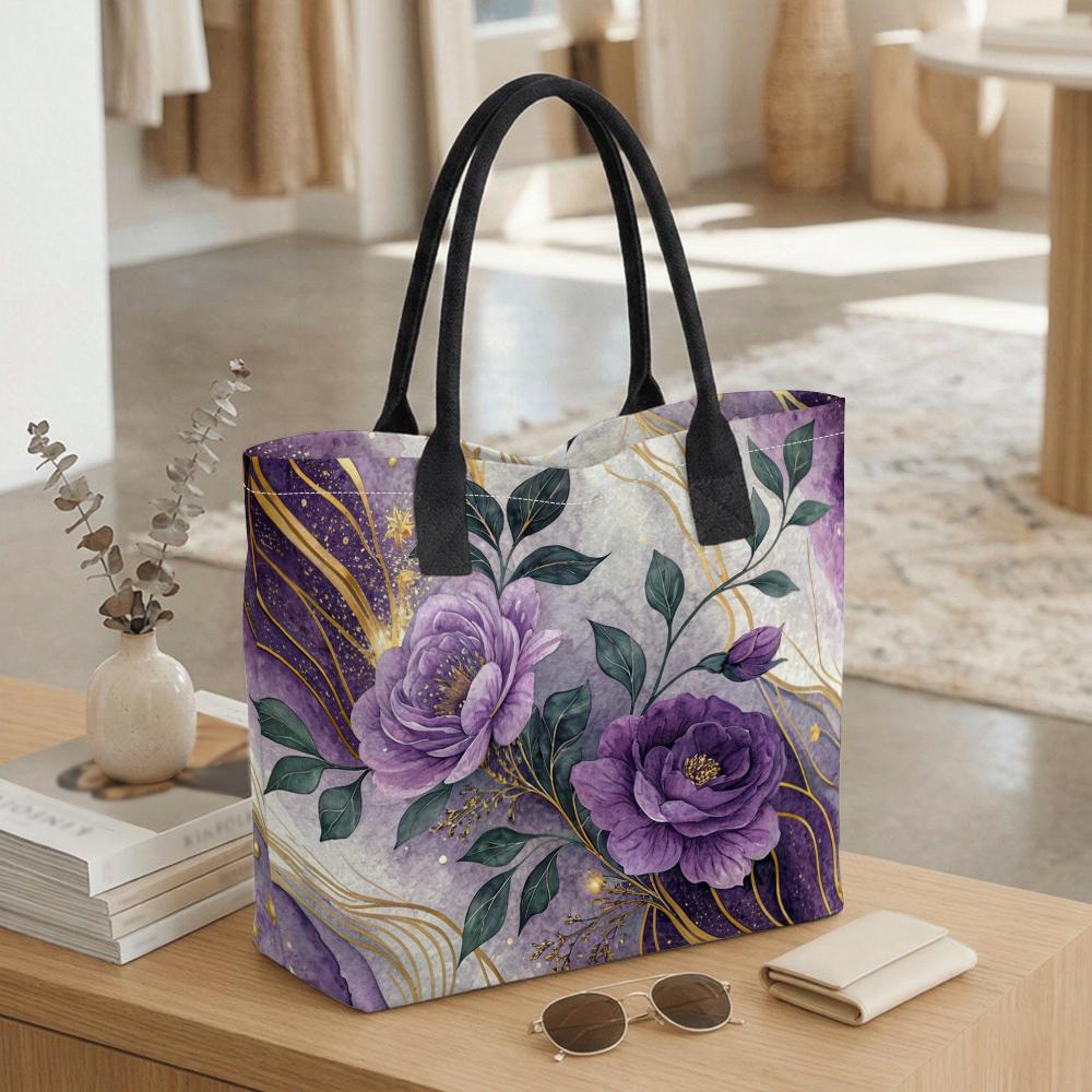Purple Peony Print Tote Bag Elegant Large Capacity Shoulder Bag for Daily Use