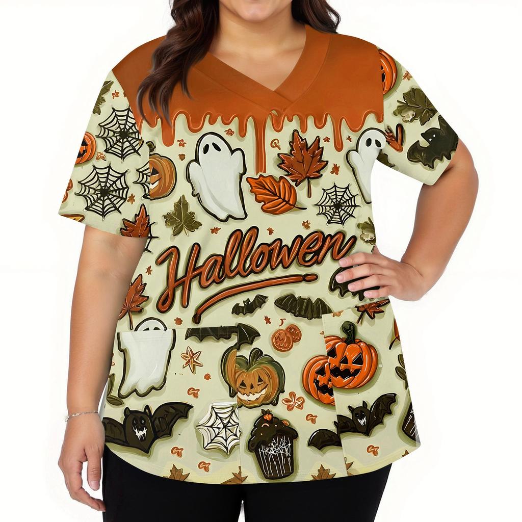 Damenmode V-Ausschnitt Kurzarm Arbeitskleidung mit Taschen Halloween bedruckte Tops