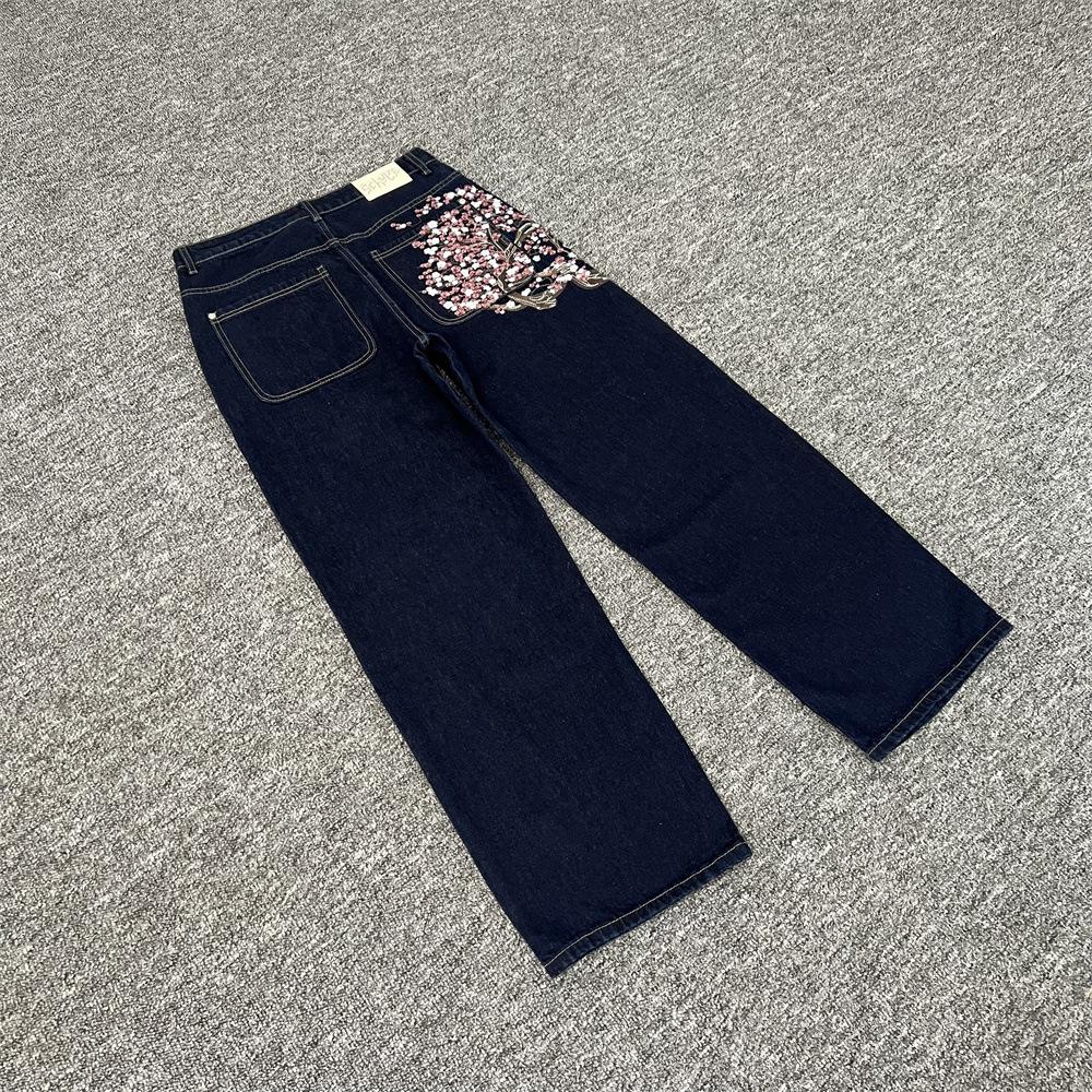 Jeans Sakura Embroidery Loose Straight Fit Casual Tide