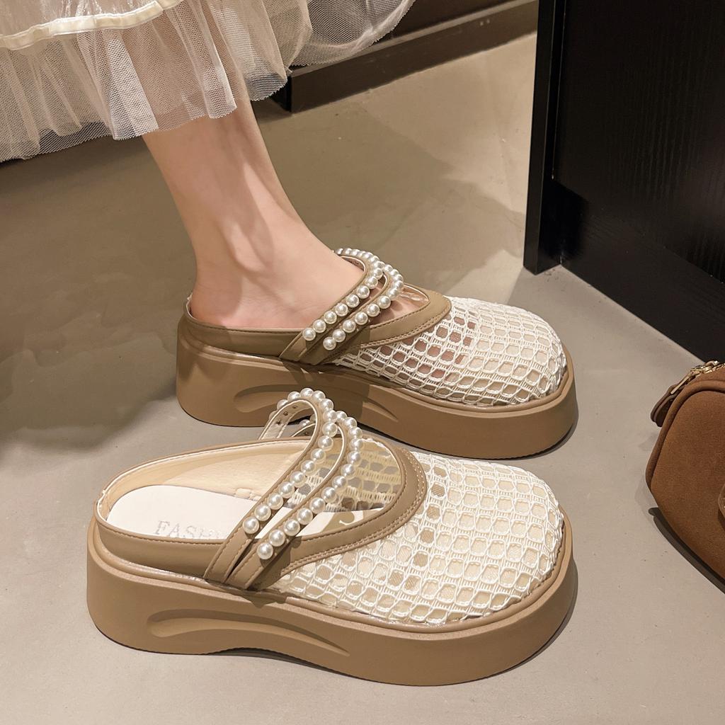Summer Korean Version of Fashion Hole Sandals Light Thick-soled Bag Head Half Slippers Increase the Height and Breathability Hollow Mesh Shoes Steppin