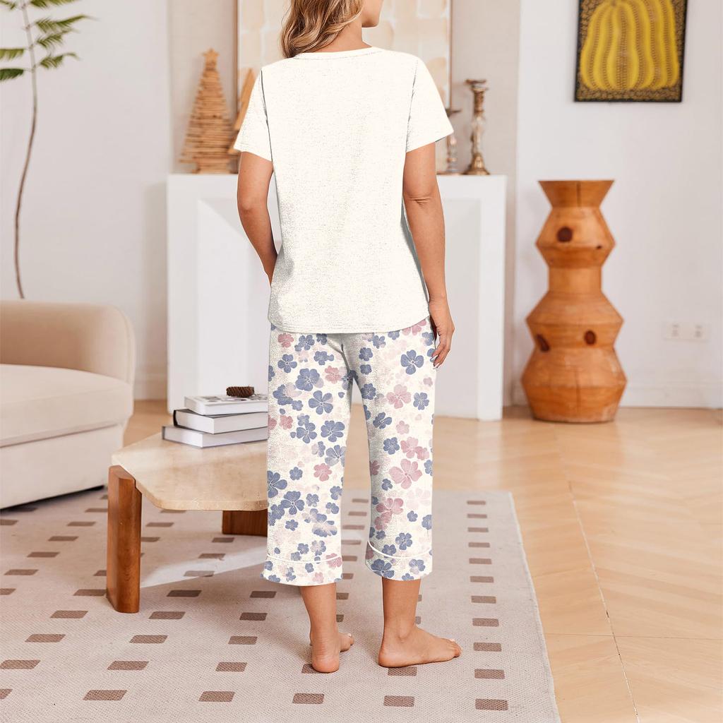 Women Casual Loose Fit Short Sleeve V Neck T Shirt and Cropped Pants Set Lightweight Soft Fabric Comfortable Loungewear Pajama Set