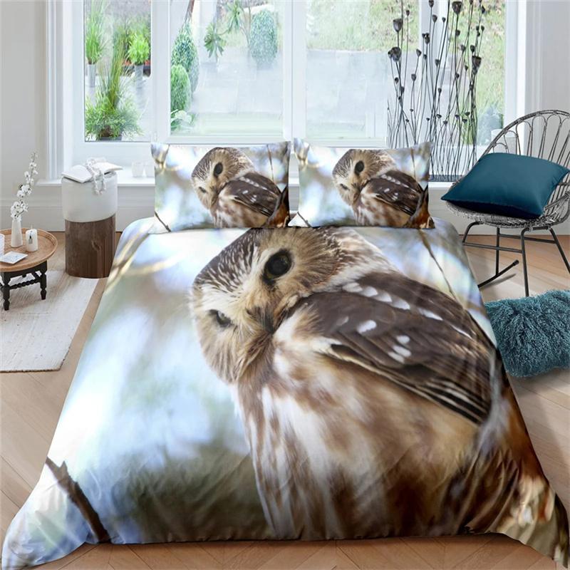 Black Owl King Queen Duvet Cover Moon Safari Bird Animal Bedding Set Lovely Wildlife Quilt Cover Grey Polyester Comforter Cover