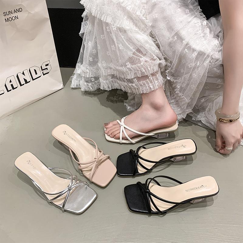 Cool slippers summer outer wear women's shoes 2025 new silver square head with skirt thick heel slippers