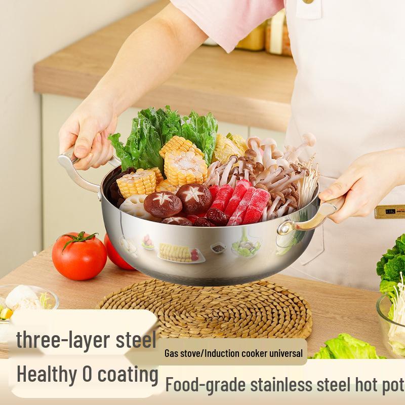 304 Food-Grade Stainless Steel Triple-Layer Stockpot for Induction Cookers - Perfect for Clear Soups and Universal Boiling, Uncoated.