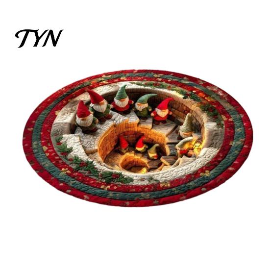 Christmas Themed Home Decor Round Rug, 3D Illusion Mat, Holiday Winter Carpet, Soft Gnome Deer Crystal Velvet Floor Mat Santa House Festive