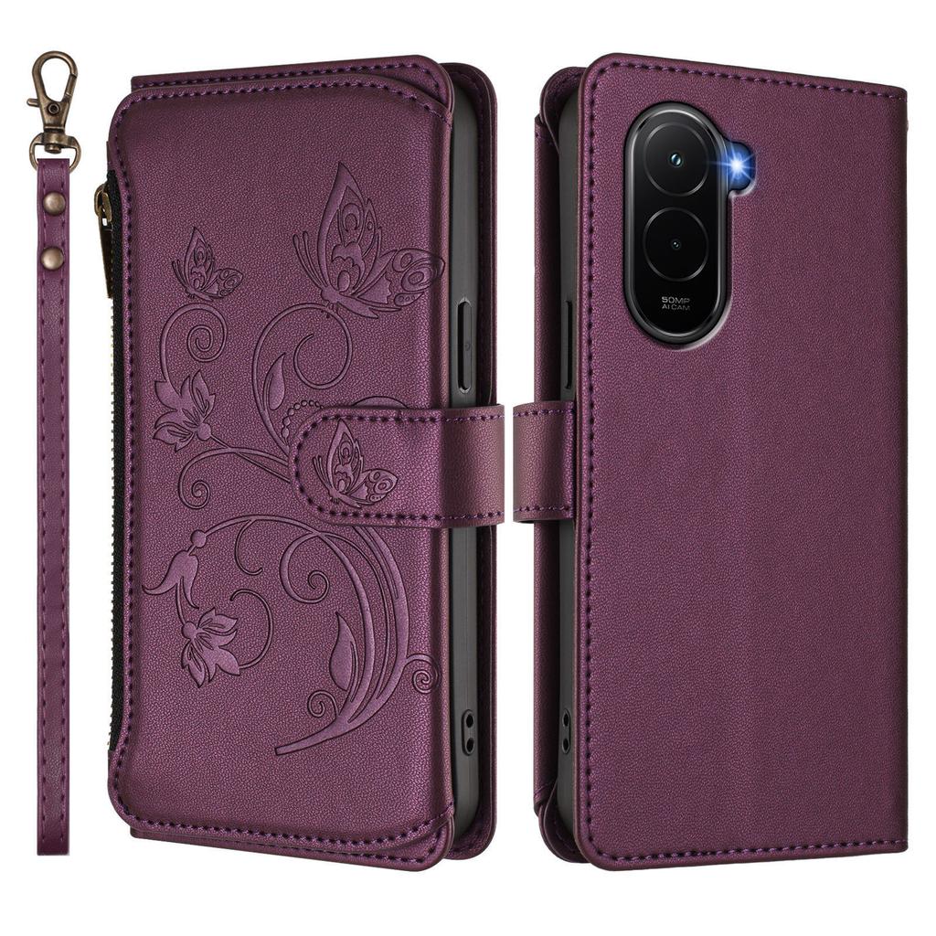 For Xiaomi Poco M7 Plus 5G/M7 4G (169mm) Leather Case Butterfly Floral Imprint Zipper Wallet Stand Cover with Wrist Strap