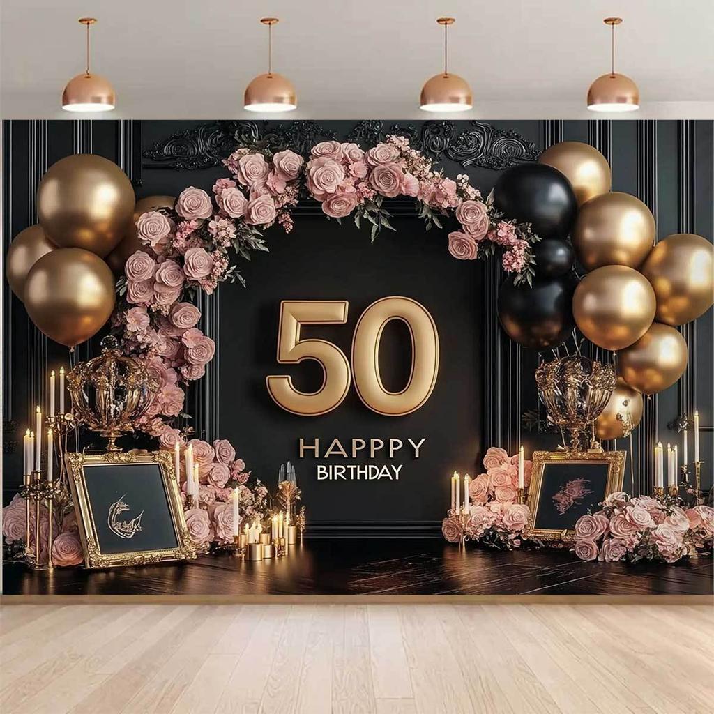 Elegant 50th Birthday Party Background - "Happy Birthday" Design Roses Candles and Balloons Birthday Party Decorations