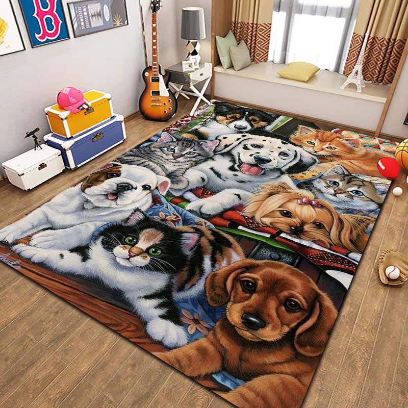 Cute Cartoon Cat Pet Animal Print Flannel Area Rug Non‑Slip Soft Floor Mat For Couch Bedroom Living Room Indoor Home Decor Gift