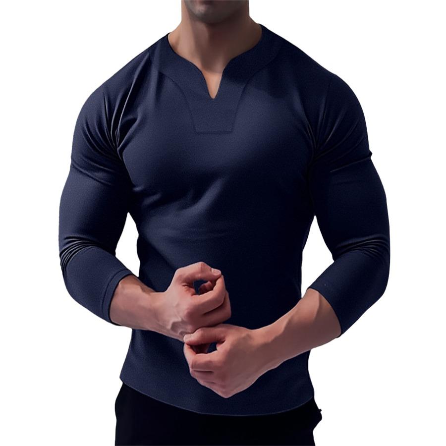 Svalové pánské sportovní tričko fitness větší velikosti Pánské elastické bavlněné podzimní polokošile s výstřihem do V s dlouhým rukávem