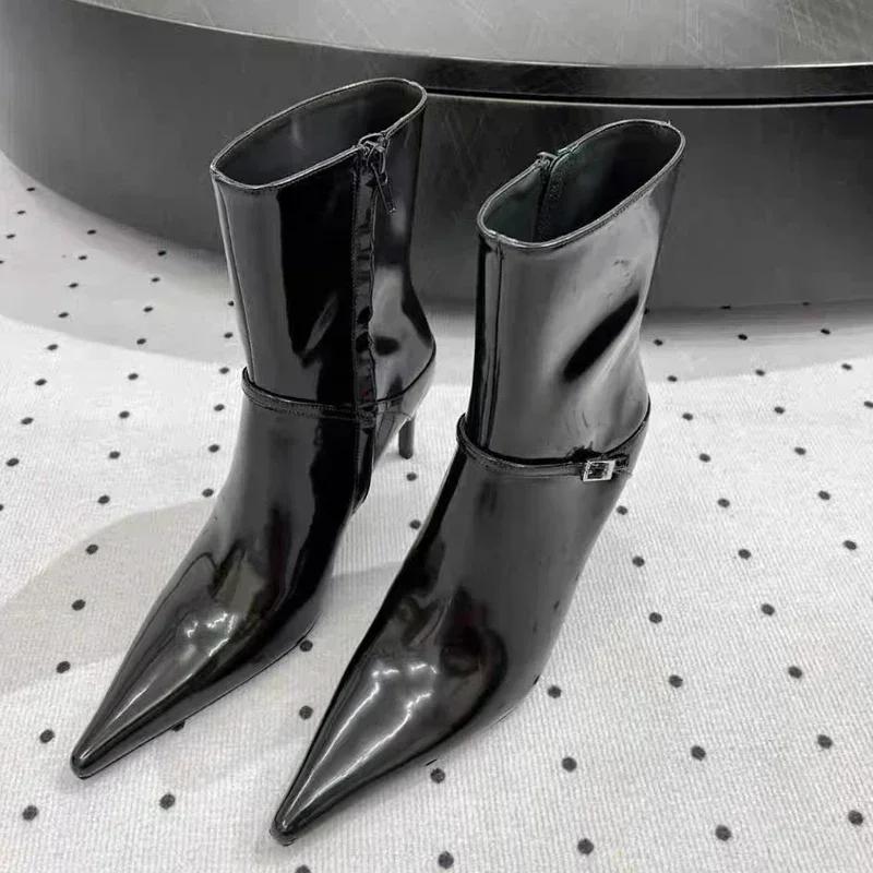 Black Leather Sexy Pointed Toe High Ankle Boots Women Fashion Metal Buckle Side Zip Design Heels Botas Mujer Elegant Woman Shoe