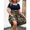 Women's Fashionable And Trendy Round Neck Short Sleeved Waist Print Dress In Plus Size