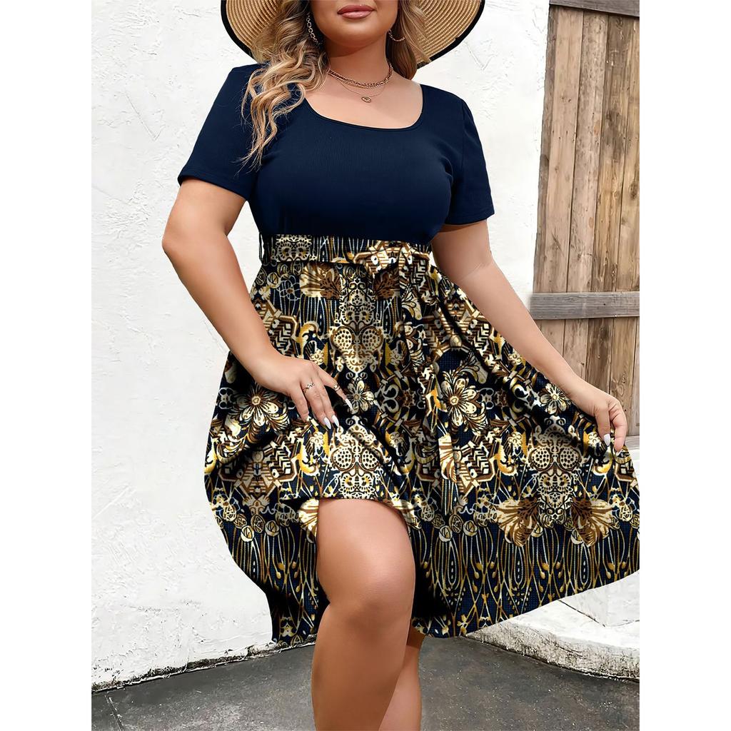 Women's Fashionable And Trendy Round Neck Short Sleeved Waist Print Dress In Plus Size