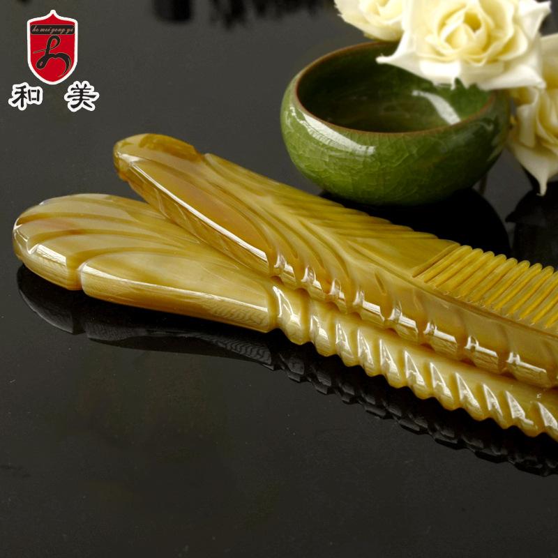 Natural textured yak horn head massage comb, long handle horn carved comb 20cm large yak horn comb