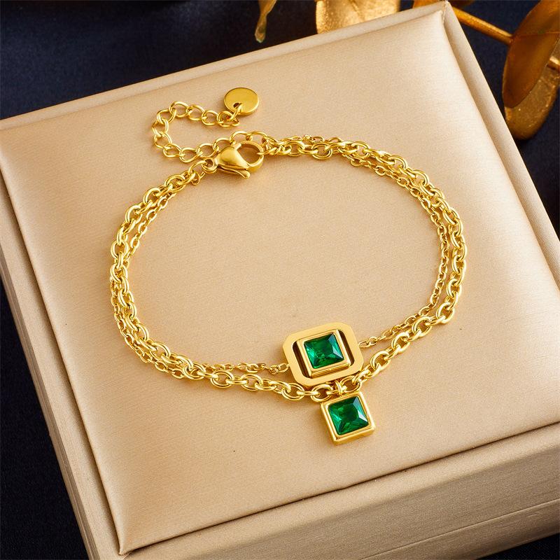 Anti Tarnish 18k Pvd Gold Plated Double Layer Square Emerald Zircon Charm Bracelet 316l Stainless Steel Bracelet Women