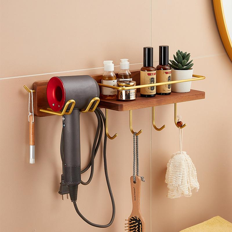 Walnut Bathroom Hair Dryer Holder Wall Mounted Bathroom Toilet Multifunctional Storage Rack Toothbrush Holder Towel Hook