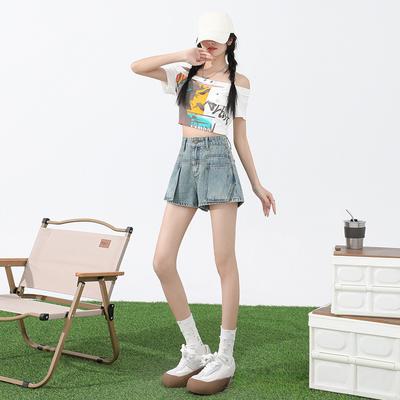 Shorts en denim rétro workwear pour femmes en été Nouveau taille haute mince corps en forme de poire A-line pantalon droit à jambes larges