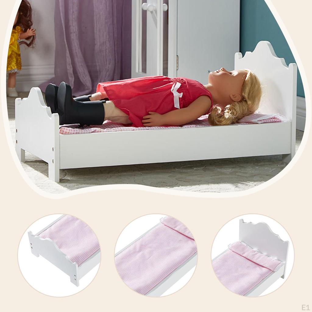 Wood Doll Bed Pretend Play Furniture with Mini Blanket Sturdy for Girls Boys Lightweight Quick