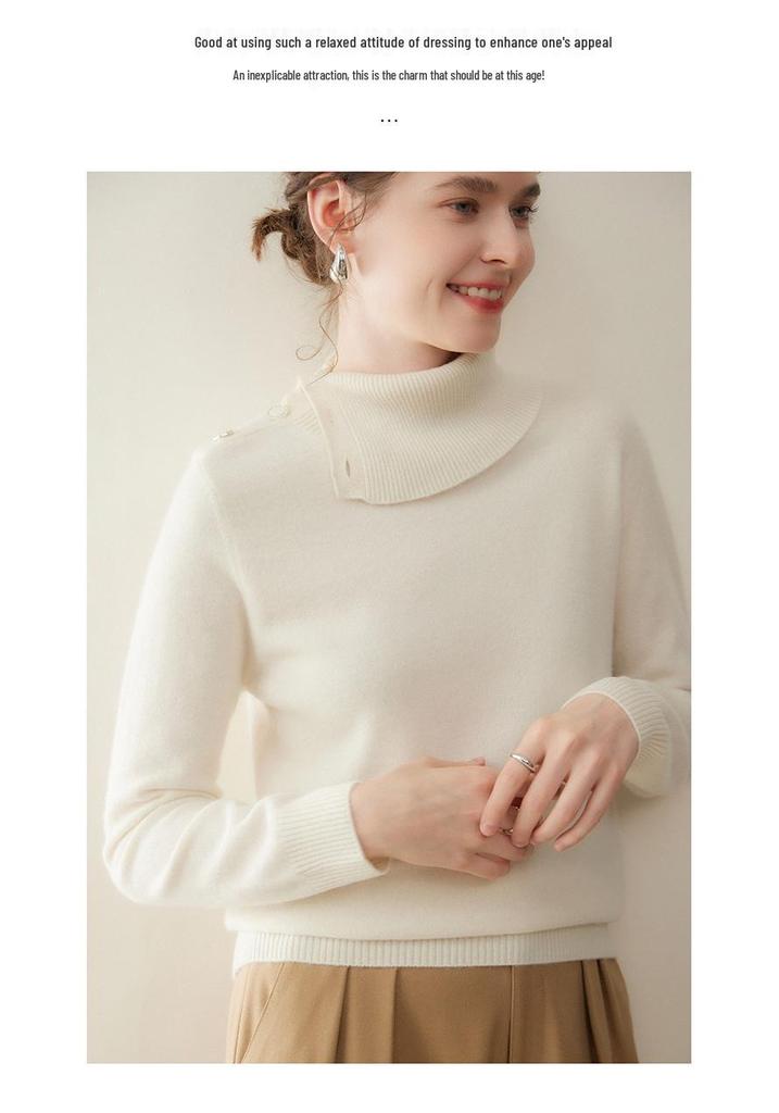 Women's Cashmere High-Neck Buckle Knit Sweater - Slimming Loose Pullover, Thick Korean Style, Plain Color Base Layer