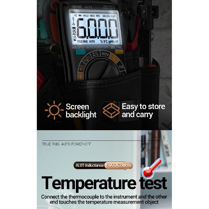 Coil Inductance Multimeter Duty Cycle Hz Tester ANENG AL01 6000 Counts NCV Temperature Meter True-RMS Voltage Pro Tester Tools