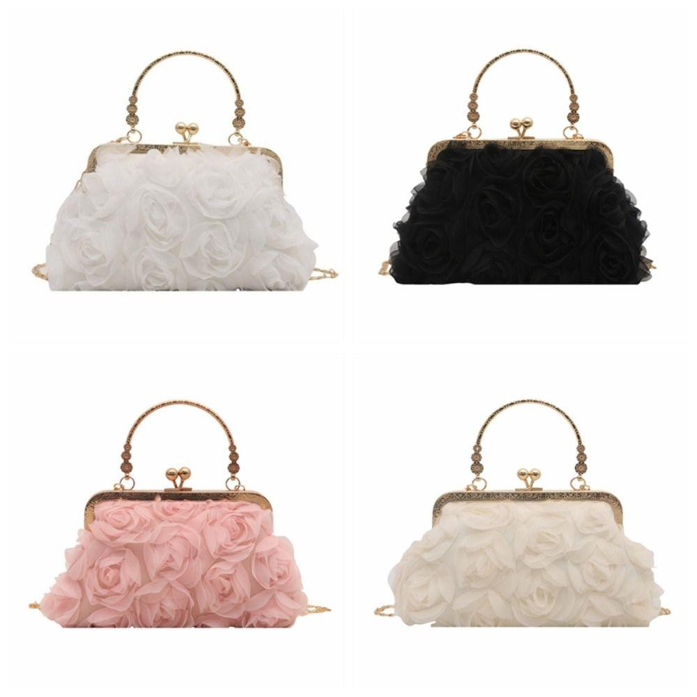 Luxury Chiffon Evening Banquet Bag Chain 3D Kiss Lock Shoulder Bag Korean Style Handheld Crossbody Bag Wedding