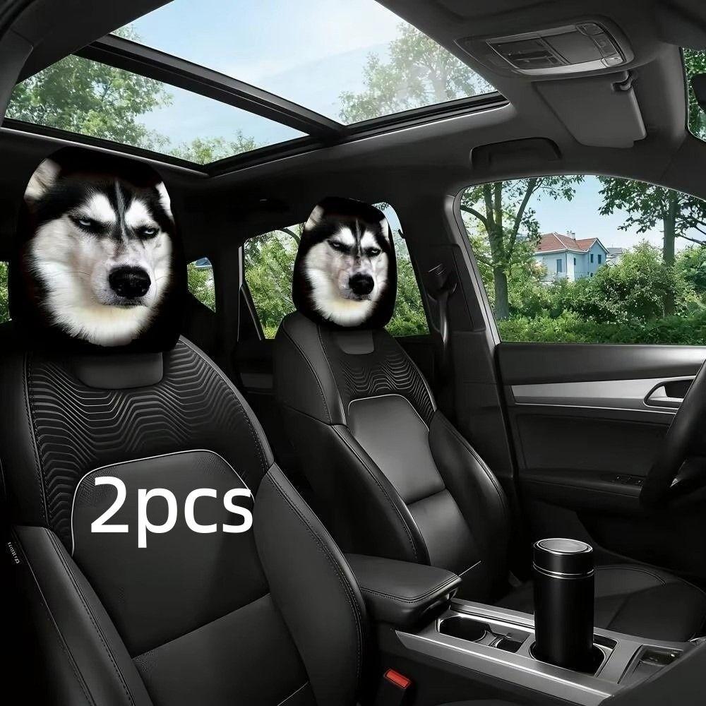2Pcs Funny Skeptical Face Car Seat Headrest Protector Husky Headrest Covers  Vehicle Seat Accessory