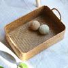 Handwoven Straw Basket Braided Rectangular Storage Basket Woven Bin Tan-Brown Space Saving for Shelf