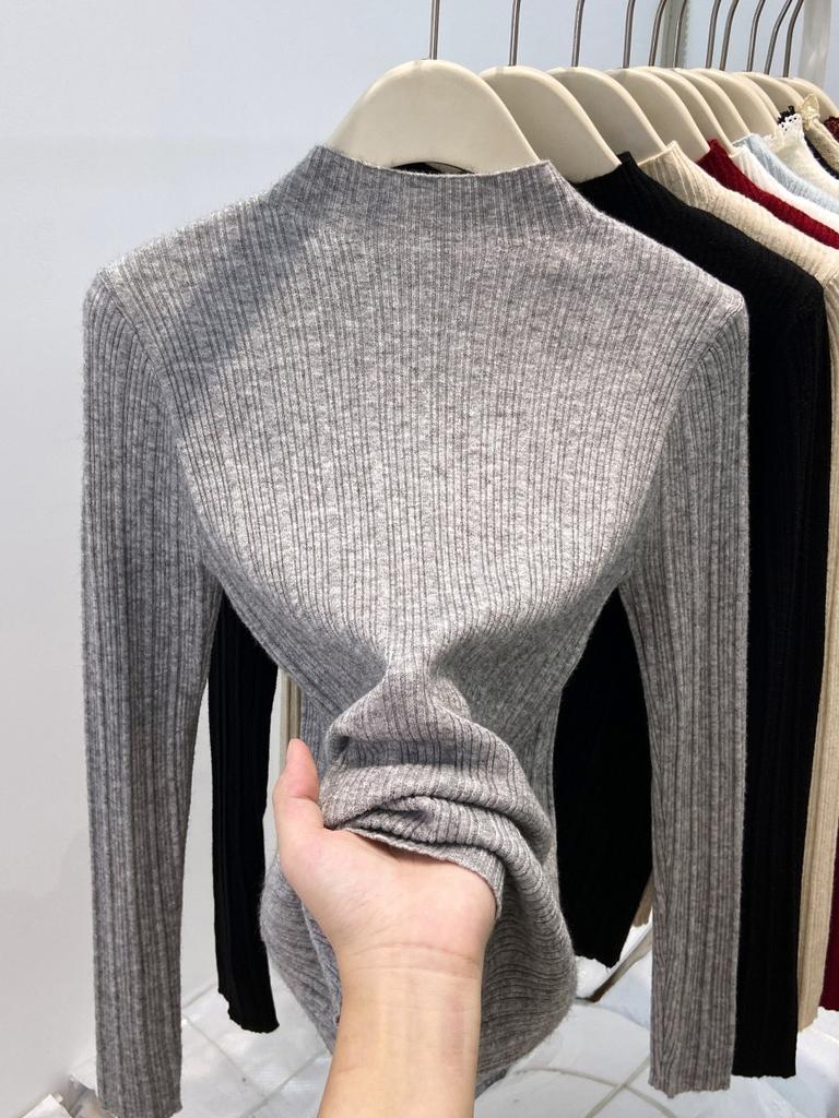 Small Stand-up Collar Pit Strip Knitted Bottoming Shirt Women's Spring Slim-fitting and Thin Inner Top High-end Sweater