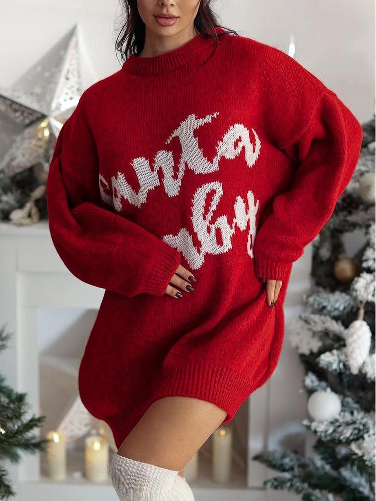 Vestido Suéter Jacquard de Manga Longa de Natal Feminino - Outono/Inverno