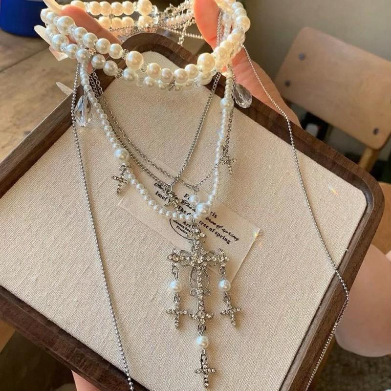 Layered Tassel Cross Pearl Necklace Women Minimalist Geometric Statement Choker Chain