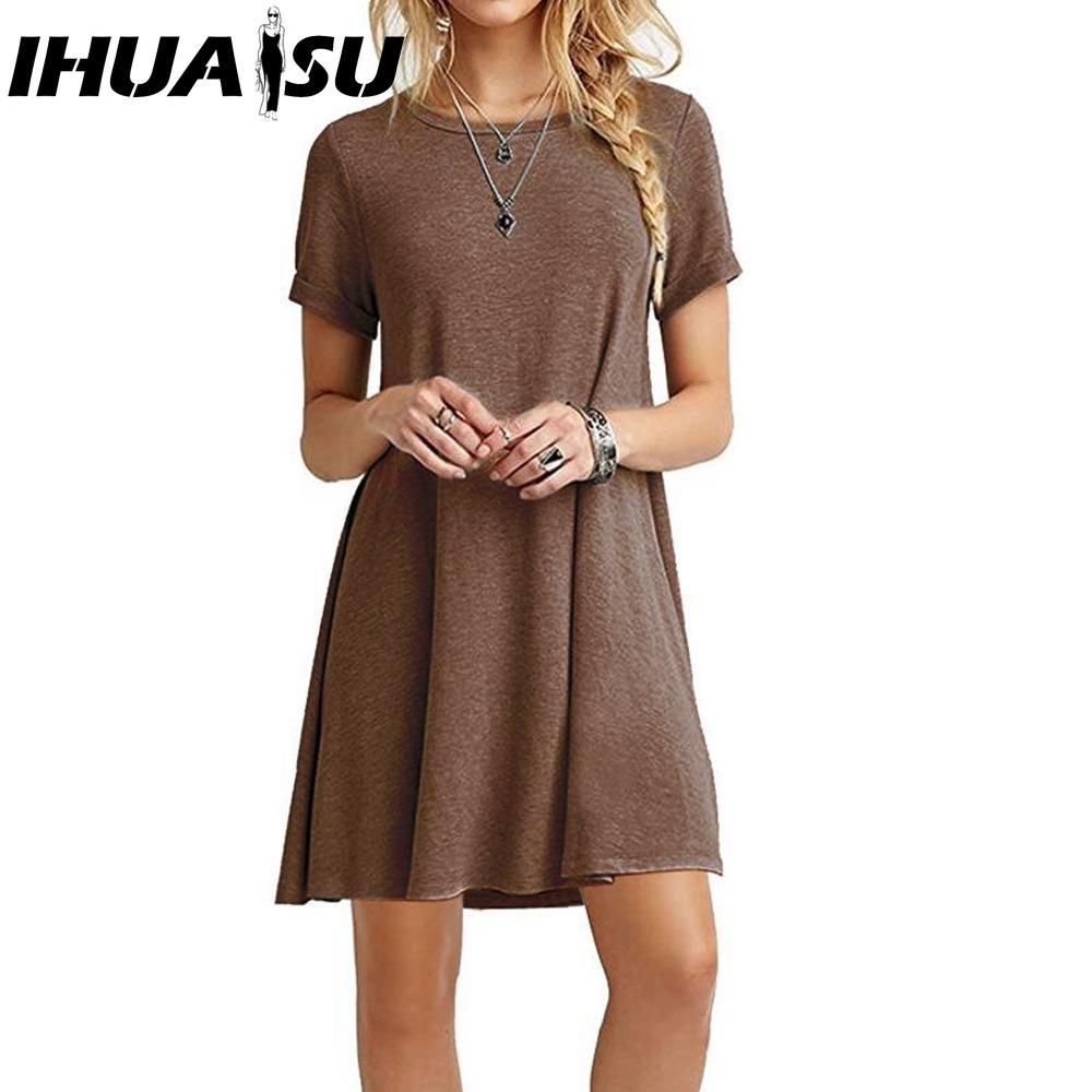 

IHUASU Женская мода Лето Весна Однотонный принт Короткий рукав Круглый вырез Повседневные платья XXL коричневый