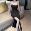 French Pure Desire Off-Shoulder Camisole Slit Dress - Slim Fit, Formal Long Dress with Niche Design.