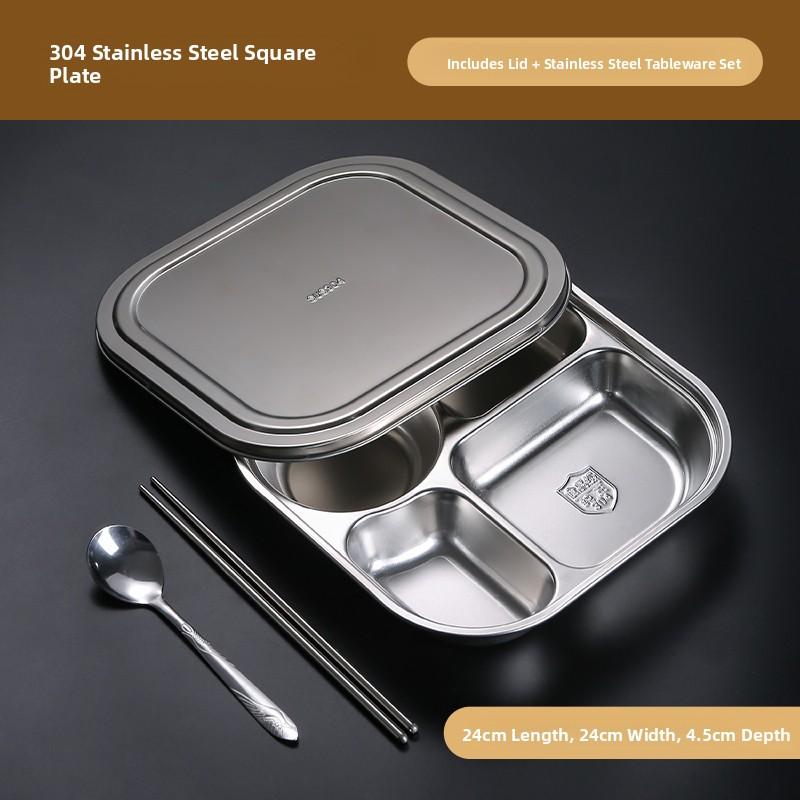 304 Food Grade Stainless Steel Meal Plate Divided with Lid Adult Three Compartment Lunch Box School Student Fast Food Plate