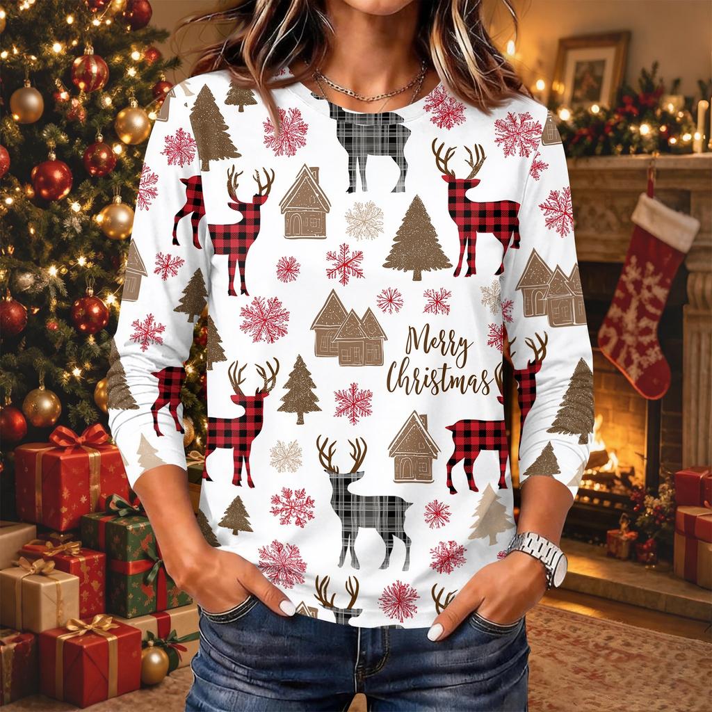 Women's Christmas Print Long Sleeve Neck Pullover Top