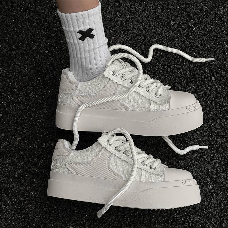 Spring black and white canvas shoes platform heightening casual big head shoes niche comfortable board shoes