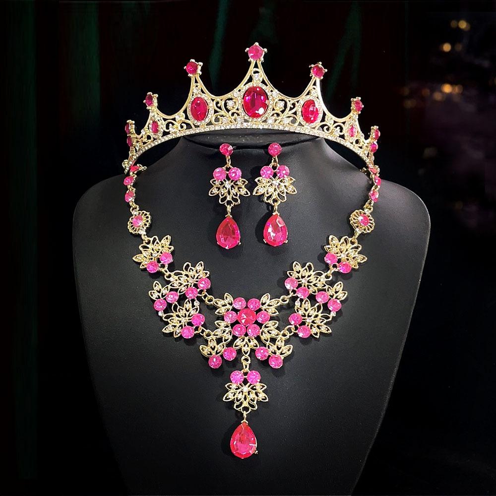 Retro Rhinestone Crown Headwear Three Piece Set Fashionable and Super Shiny Bride Headwear Set Birthday Crown Necklace for Women