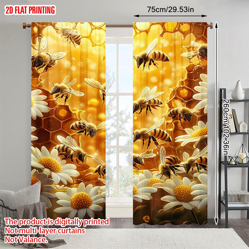 2pcs   Plane Printing Popular Curtain Panels Bees and Sunflowers Honeycomb Polyester Easy Install (without Rod) All Seasons Use