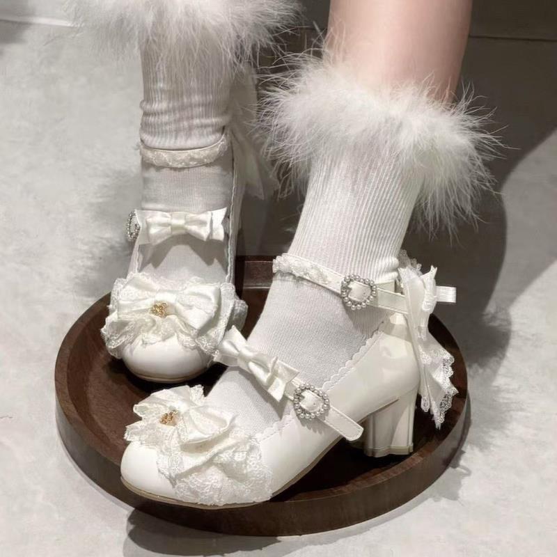Sweet Girls Lolita Wedding Dress Kitten Heels Shoes Young Women Students Cute Sakura Lace Bowknots Princess Mary Janes Sandals