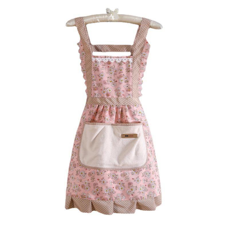 Floral Large Pocket Canvas Cotton Apron Kitchen Home Wipeable Hand Strap