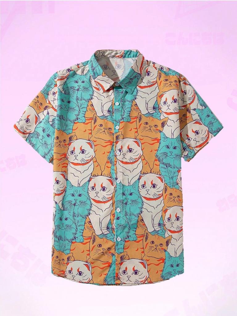 Men's Cute Cat Print Casual Daily Wear 3d Printing Short Sleeve Shirt Fashion Hawaiian Shirts For Men Harajuku