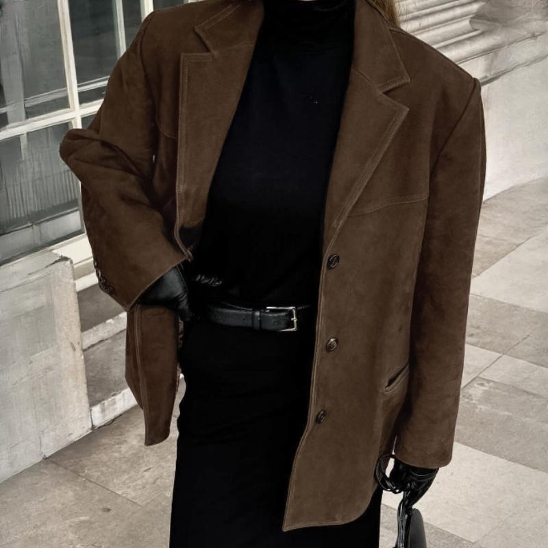 Hnědá matná sametová retro klopa volná semišová bunda podzim a zima maillard sako dámské