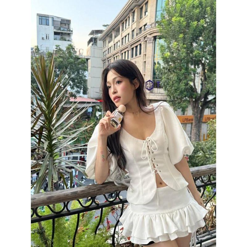 Lanyi Xinsheng French style Style Palace Extended Style Gentle Temperament Lace-up Puff sleeve Shirts Frill Skirt Set