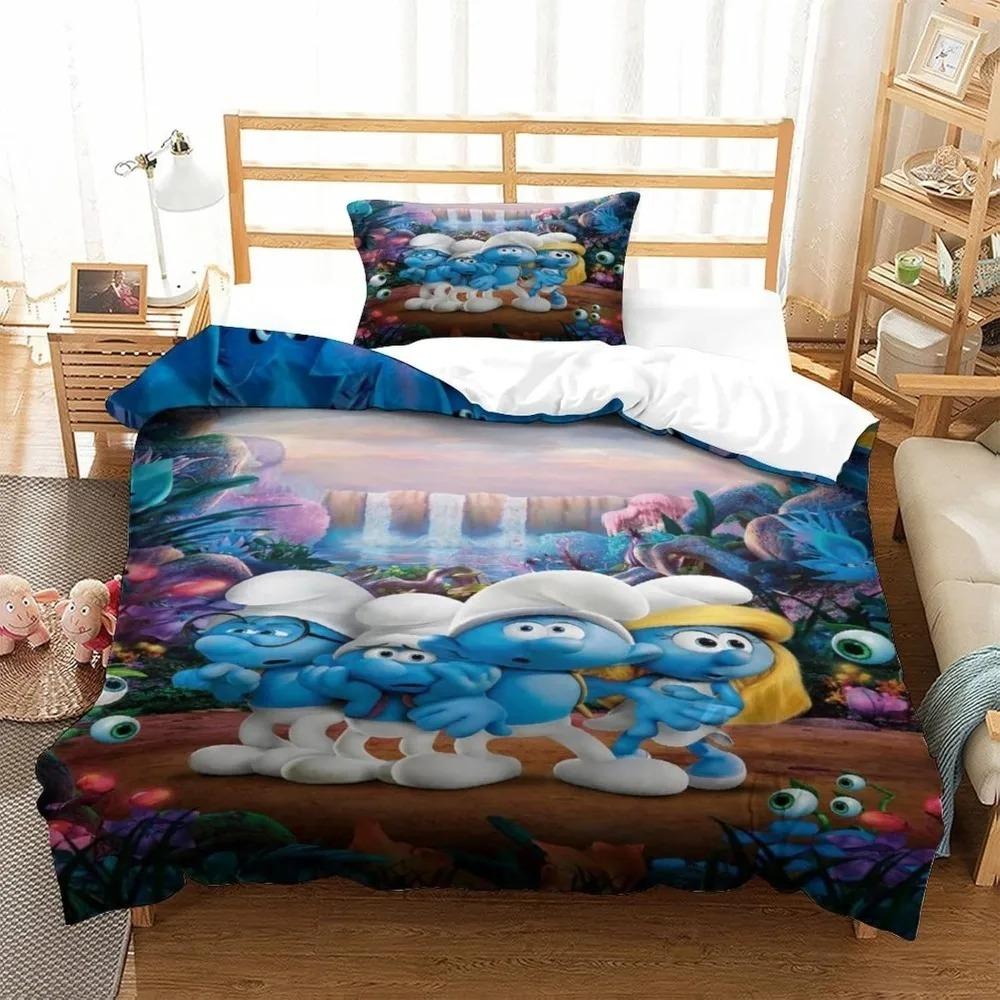 

Мила анімована наволочка для ковдри зі Смурфами, 3D-друк, синій комплект постільної білизни з Ельфами для підлітків та дорослих, із застібкою-блискавкою, декор кімнати EU Single(135*200cm)3pcs