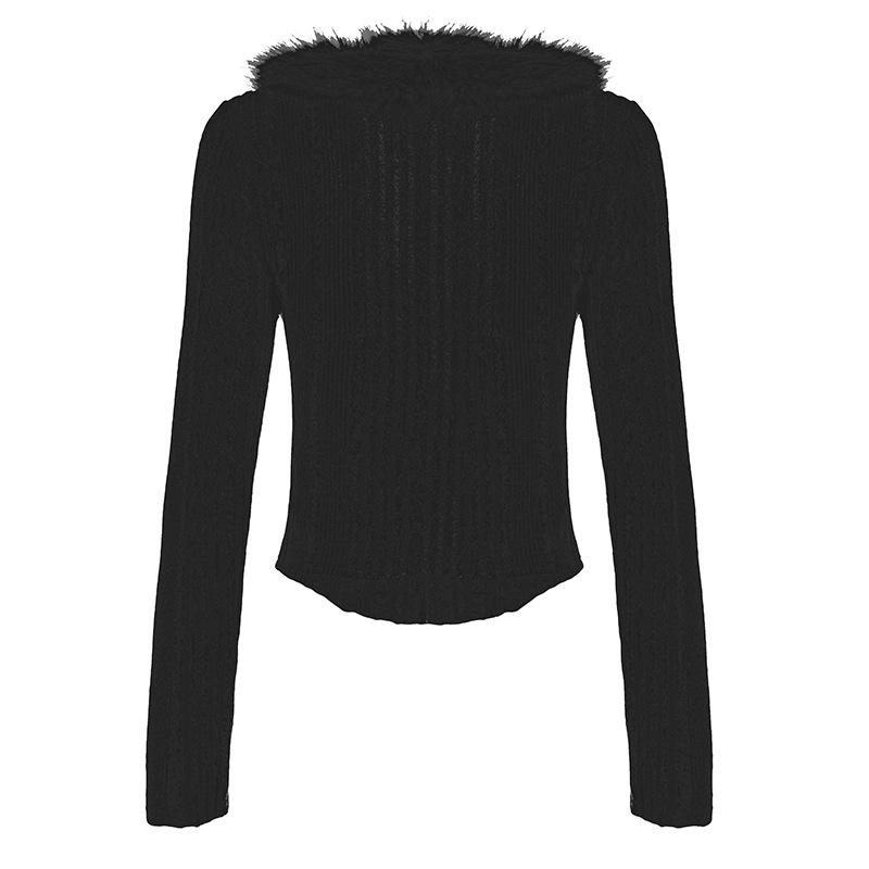 European and American Casual Fur Collar Zipper Knit Cardigan Sweater for Women